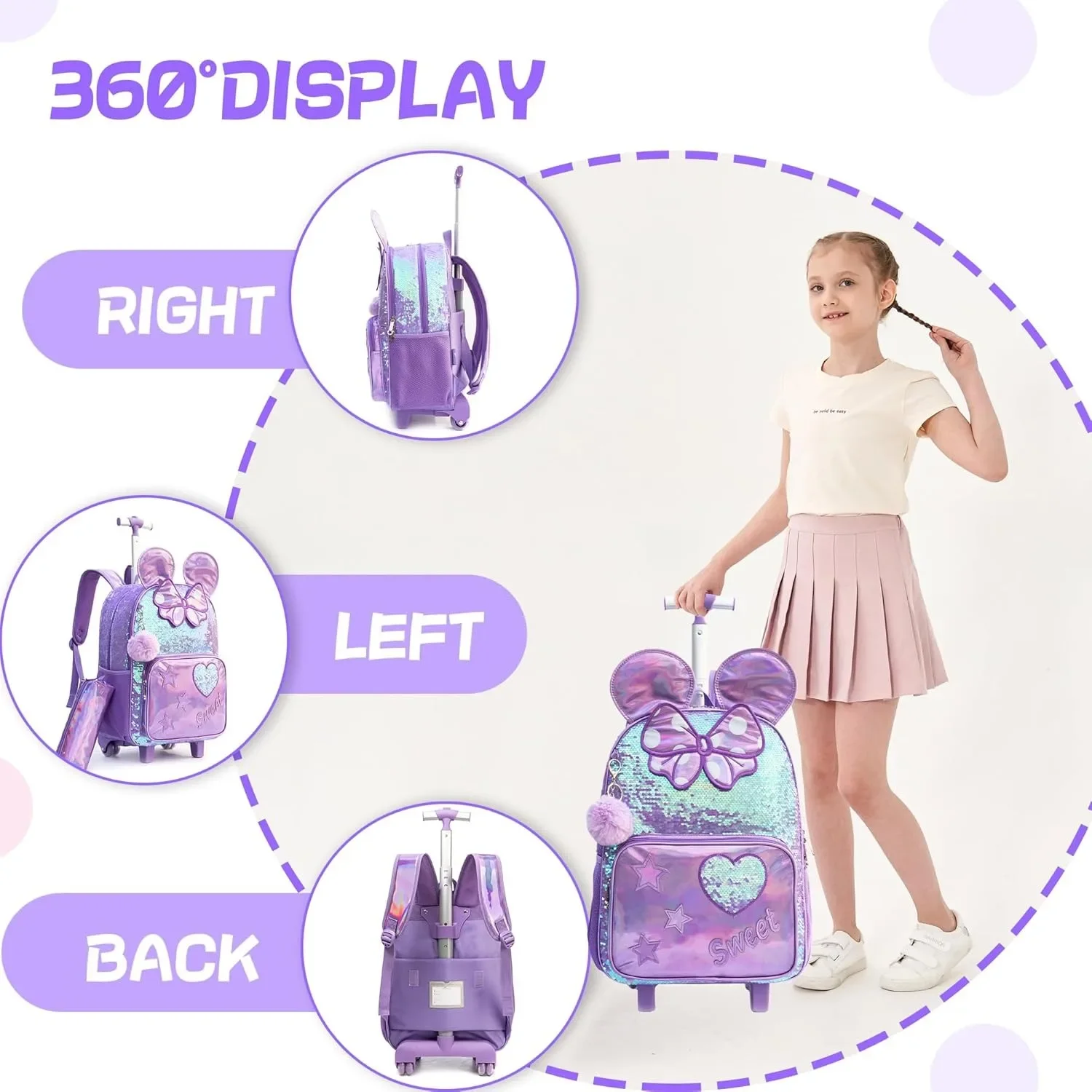 School Bags 3PCS Cute Girls Rolling Trolley Backpack Primary Children Backpacks Girl with Wheels Back To School Student Bags
