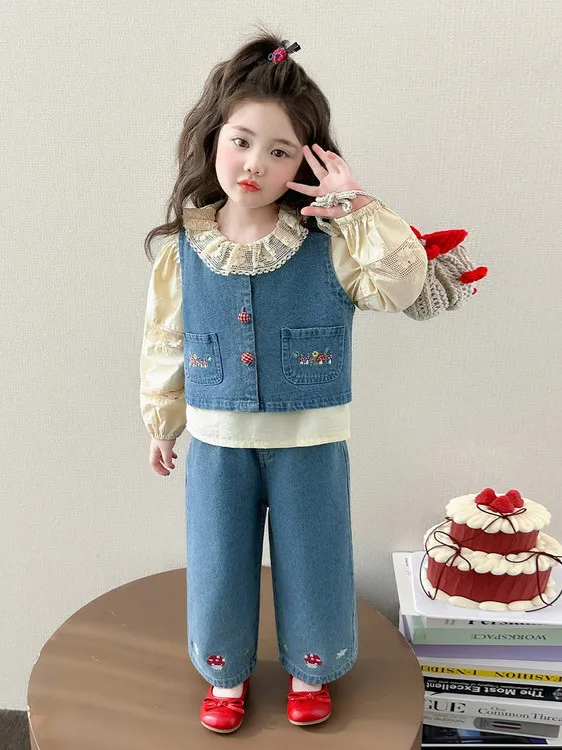 

Spring Long Sve Ruffle irt Vest Tee Piece Set Loose Jeans Children's Clothing Casual Sle Cotton Fabric Button Closure