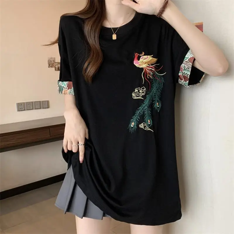 Summer New Round Neck Fashion Short Sleeve T-shirt Women Vintage Chinese Style Embroidered Pullovers Casual Loose All-match Tops