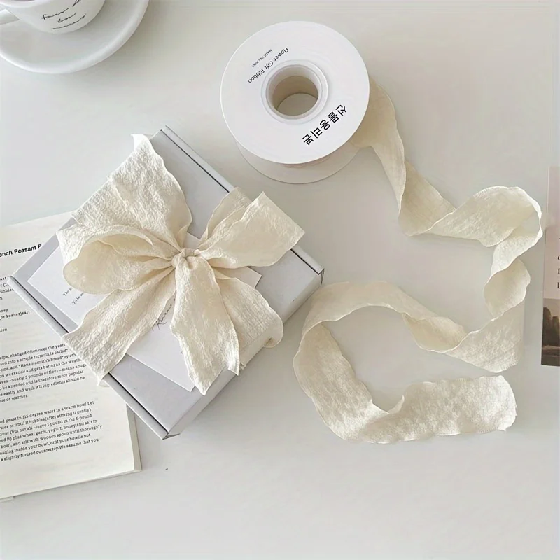 Bohemian Pleated Fabric Ribbon for Gifts & Bouquets. Textured Ribbon for Crafts, Weddings, Festive Decor (1 Roll)