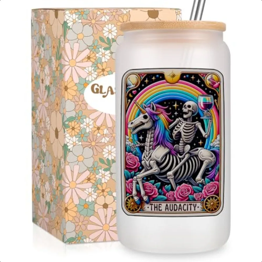 Tazas de café heladas de la Audacity, vaso gótico bonito de vidrio esmerilado de 16 oz con tapa, vaso de cristal con calavera gótica de paja, vaso de cristal con esqueleto espeluznante