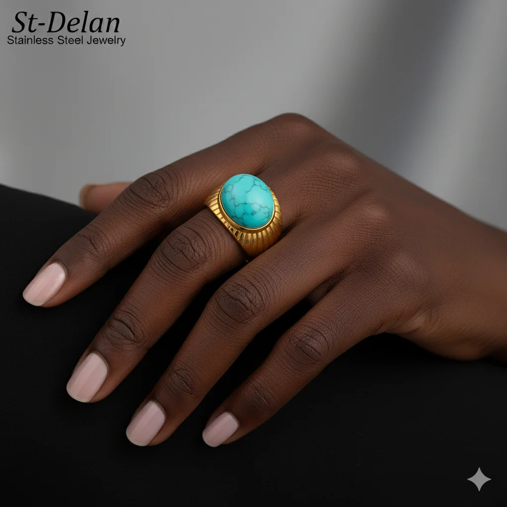 Elegant Wide Face Set Natural Turquoise Stainless Steel Ring Fashionable Vintage Design Indigo Style Geometric Shaped Jewelry