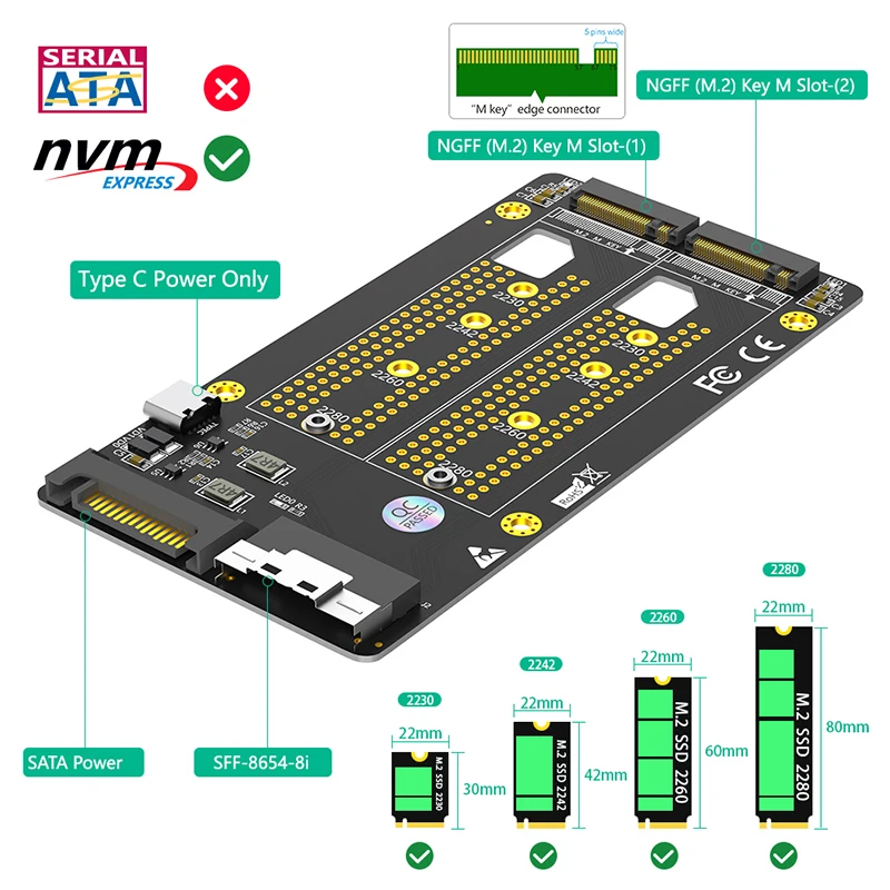 듀얼 M.2 NVME M 키에서 SFF-8654 8i 어댑터로 변환, SATA 타입 C 전원 공급, 마더보드 지원, PCIe 분기형 M2 SSD 라이저 카드 보드