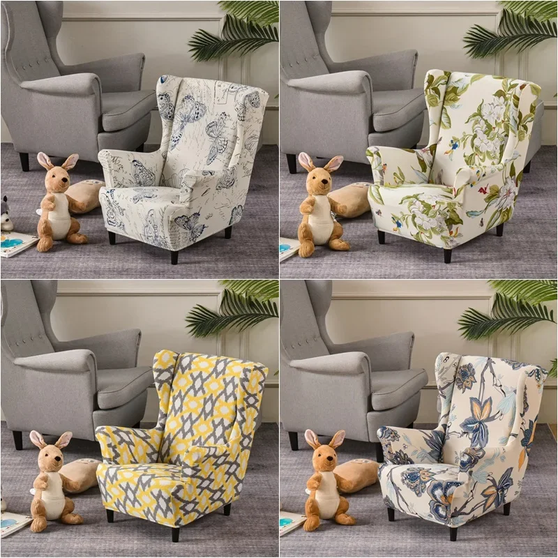 New Wing Back Armchair Cover for Kids Floral Print Children King Chair Cover Spandex Elastic High Sloping Single Sofa Slipcover