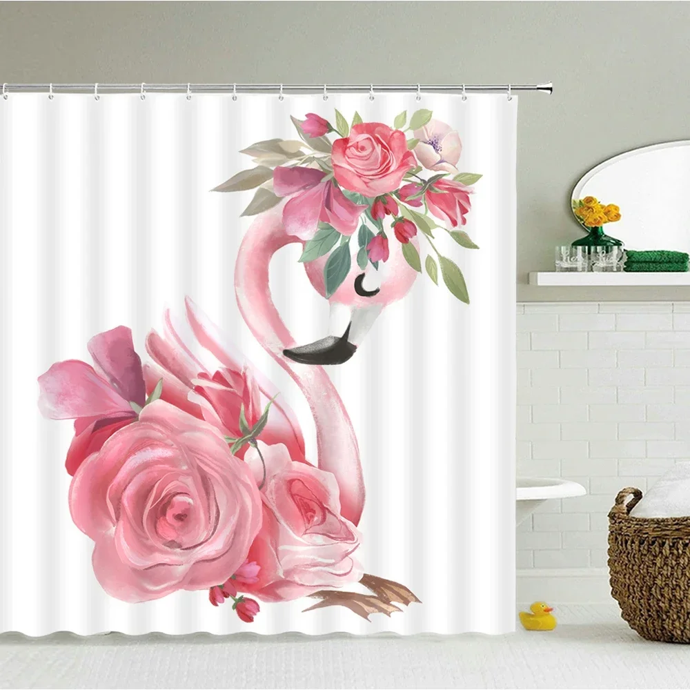 Pink Flamingo Flowers Shower Curtains Bathroom Curtain Waterproof Polyester Cloth Bathroom Curtain With Hooks Large Size 240X180