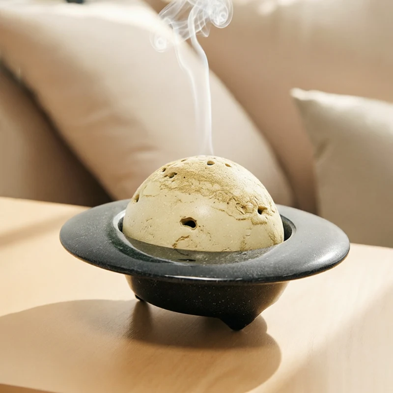 Incense Burner Aroma Diffuser Natural Volcanic Rock Black Stone Minimalist Home Decor Nebula Smoke Gift Living Room Office 11cm