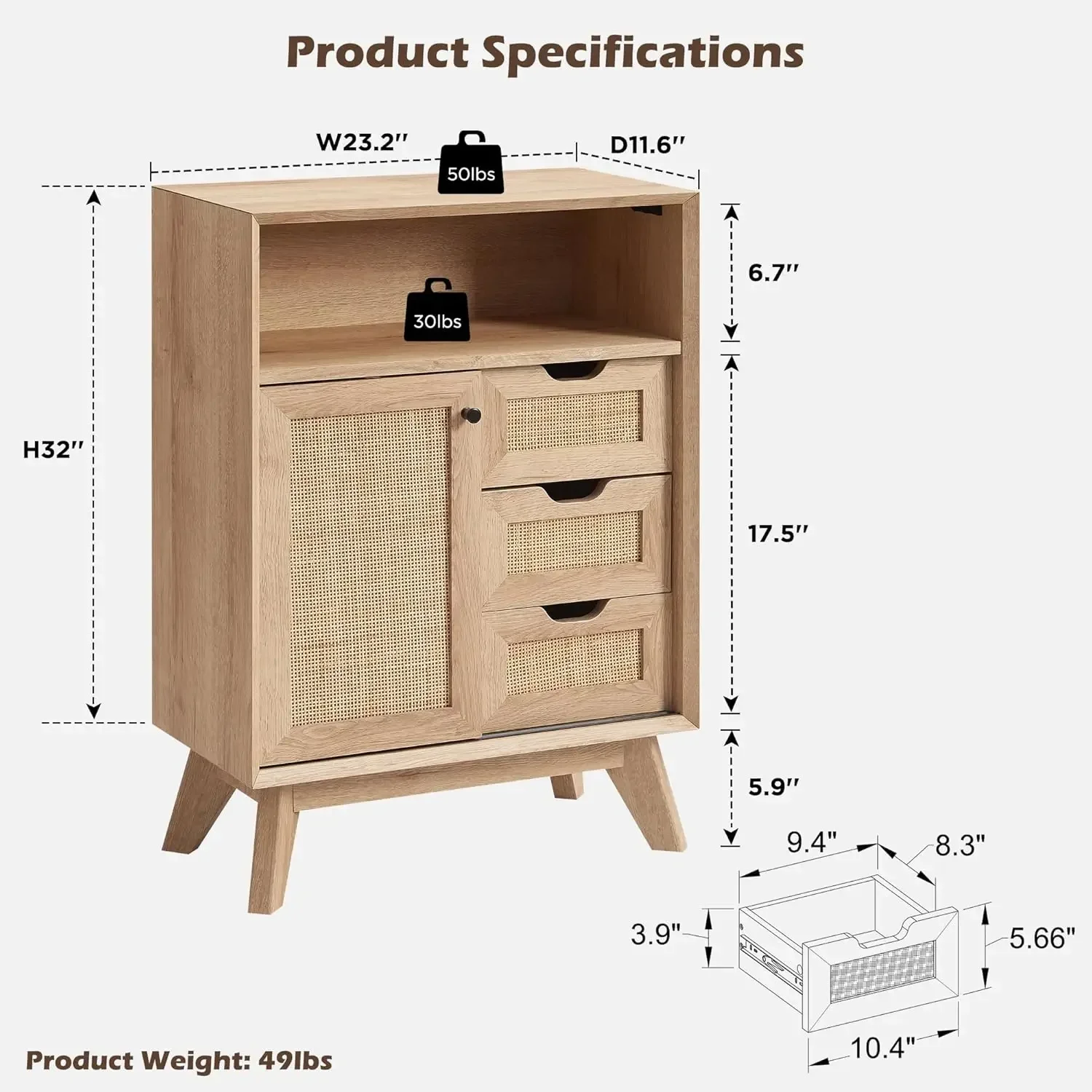 Natural Rattan Small Bathroom Cabinet, Modern Boho Storage Cabinet with Sliding Door & 3 Storage Drawers, Mid Century Small