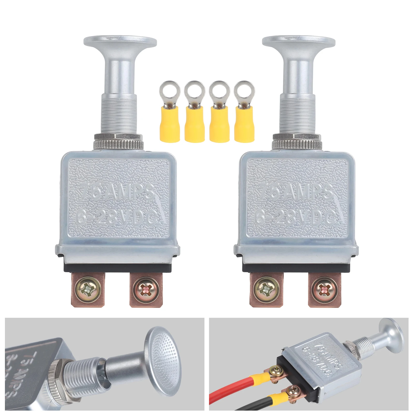

2PCS Push Pull Switch 2Pos 75A 6-28V DC SPST On Off Silver Plated Body with 4 Yellow Terminals For Off Road Automotive Trucks