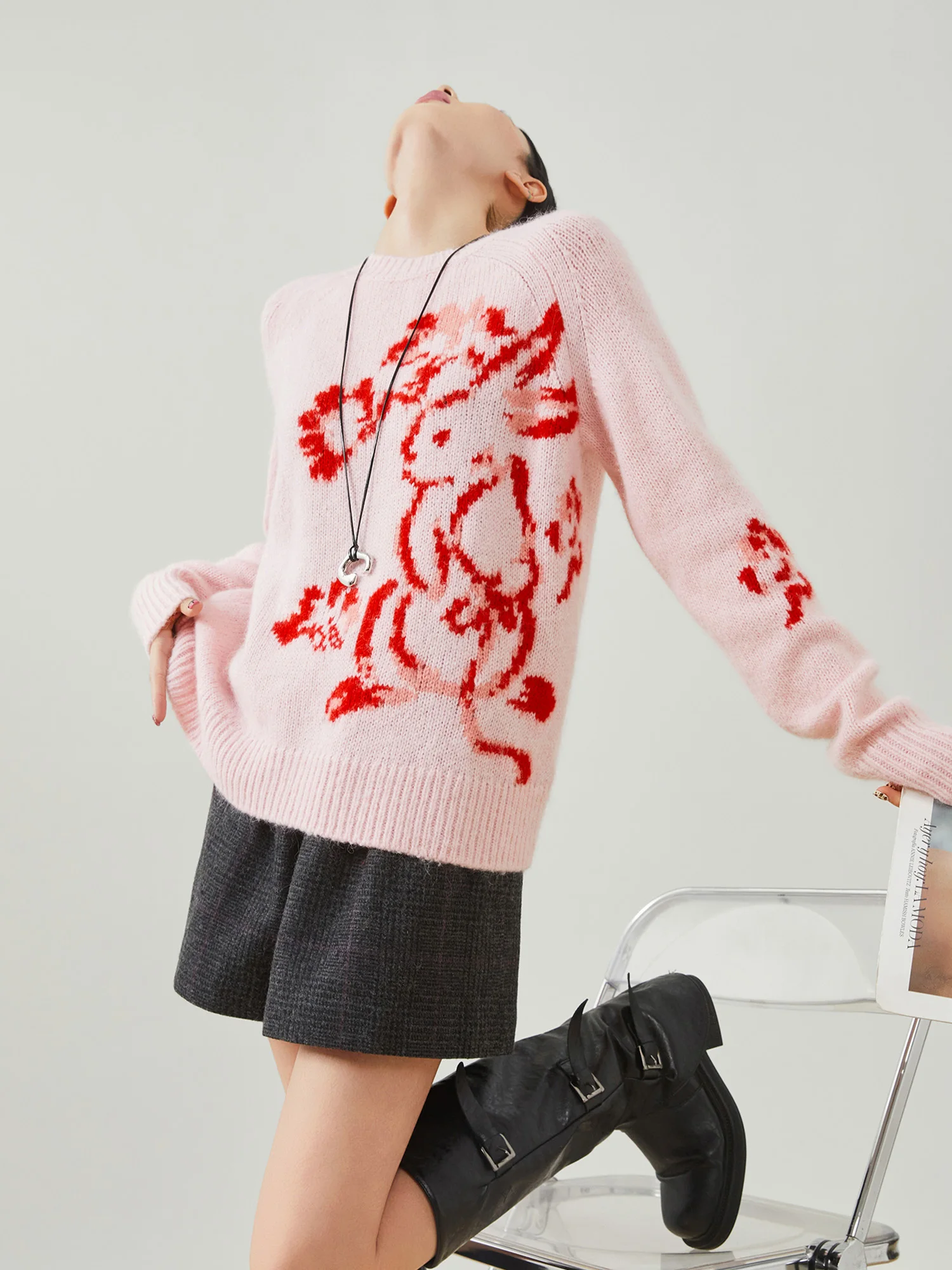 

Новый женский вязаный свитер Pink Rabbit Gourd с вышивкой, свободный, мягкий, с круглым вырезом, весна 2026, удобный крой