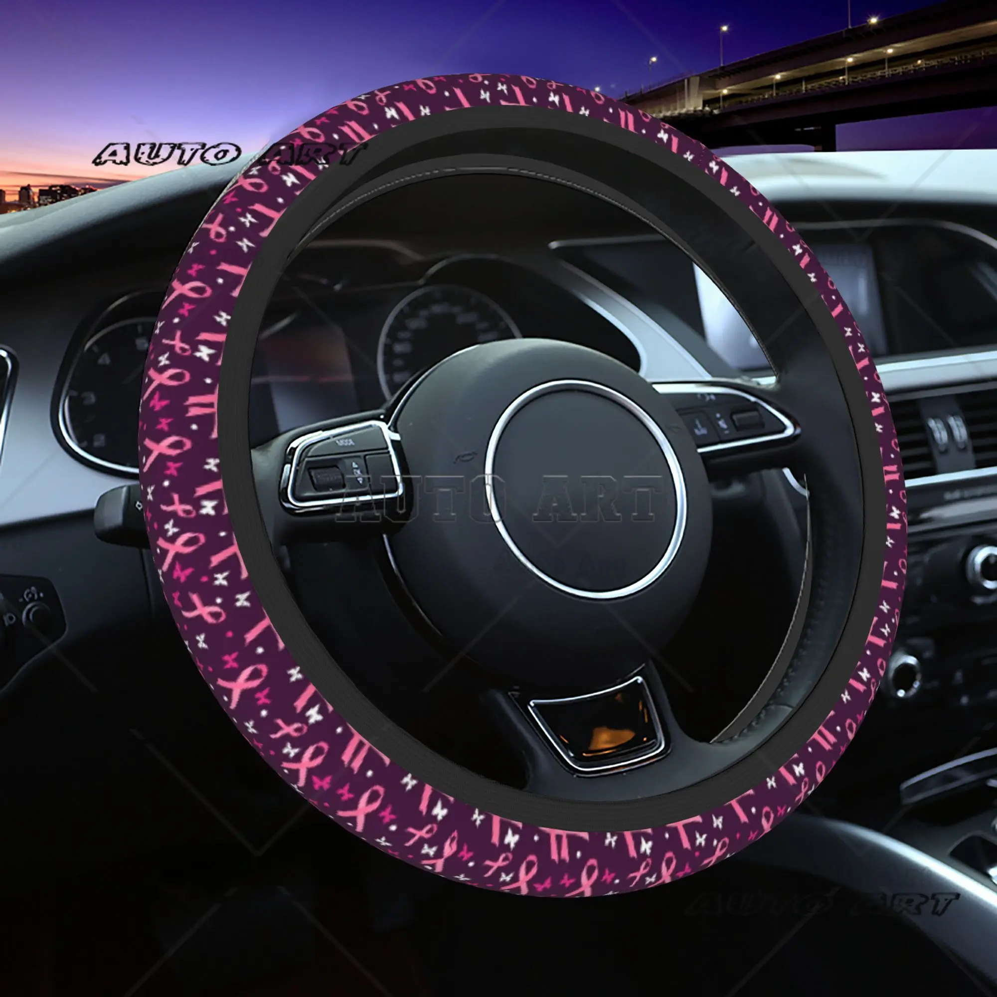 Breast Cancer Steering Wheel Cover with Pink Ribbon  Anti Slip Elasticity Car Accessories Steering Wheel Protector Universal