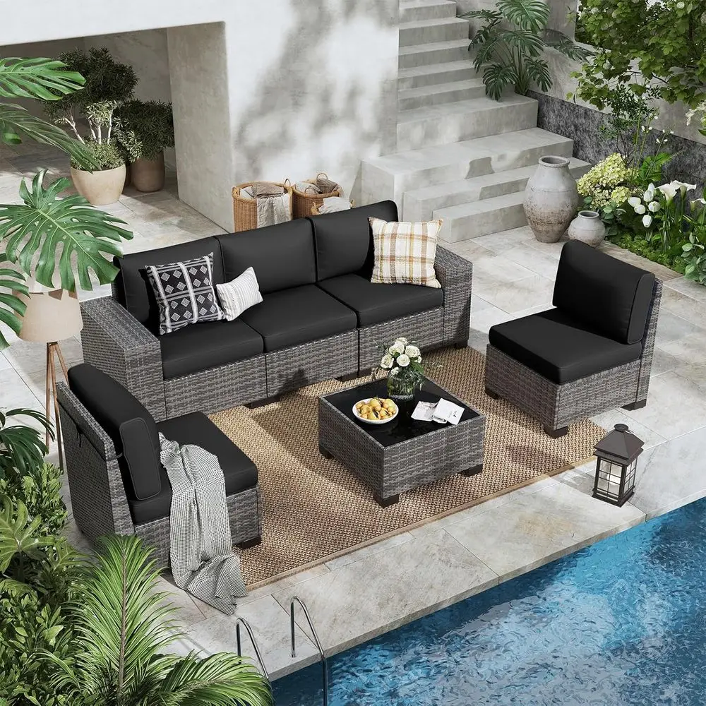 

6 Pieces Outdoor Patio urniture Set with Table Gray Rattan Sectional Soa Contion Sets or Balcony Lawn and Garden (Black, 6 pcs w