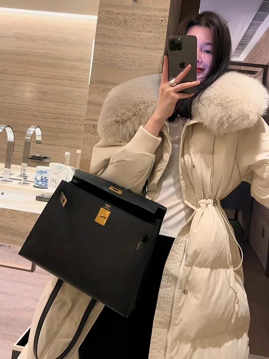 

ROUJE KEFSS Winter 2023 Women's Long down Jaet Fake Fur Collar White Du down Outerwear for plus Size Ladies