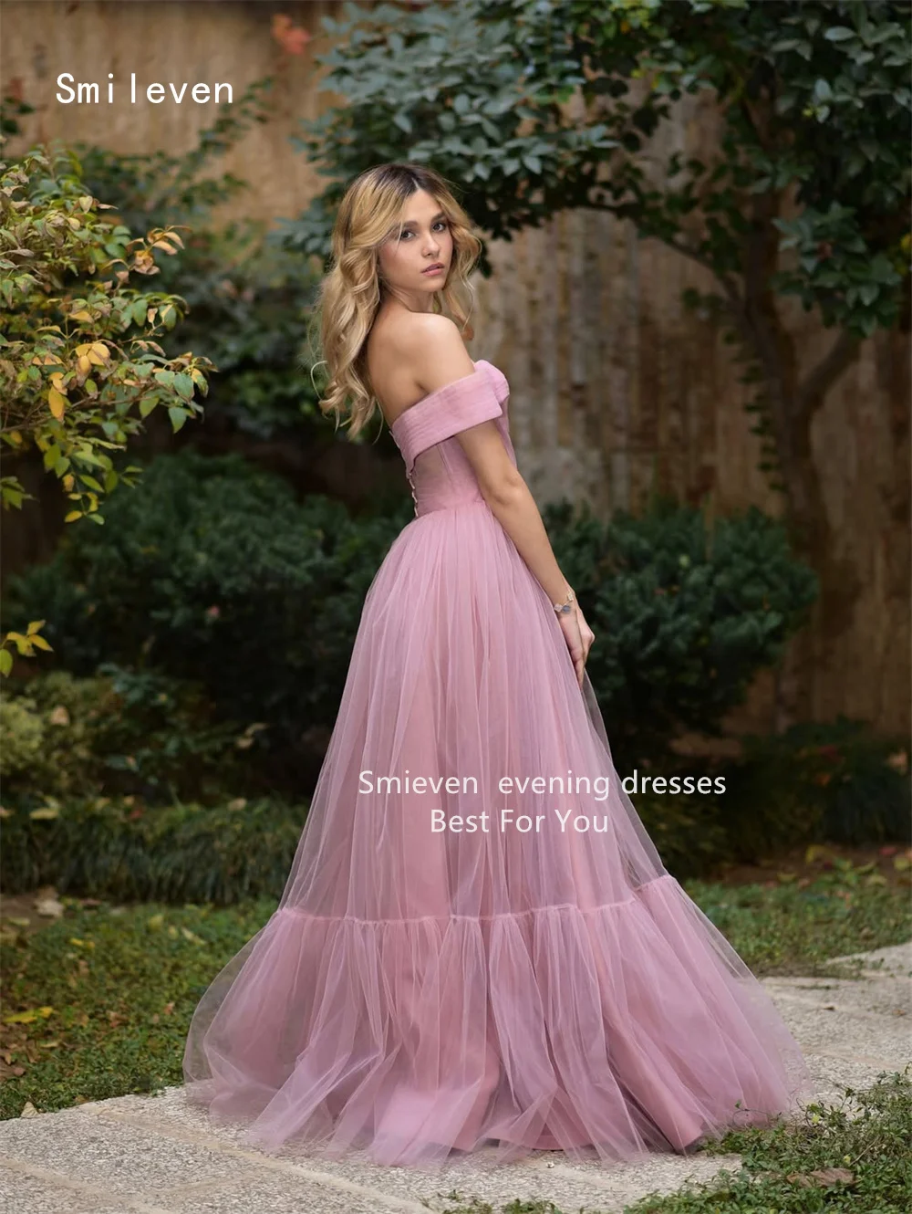 

Smileven Luxury Forest A Line Evening Dress Off The Shoulder Formal Prom Dresses Pleat Pink Party Gowns Customized 2026