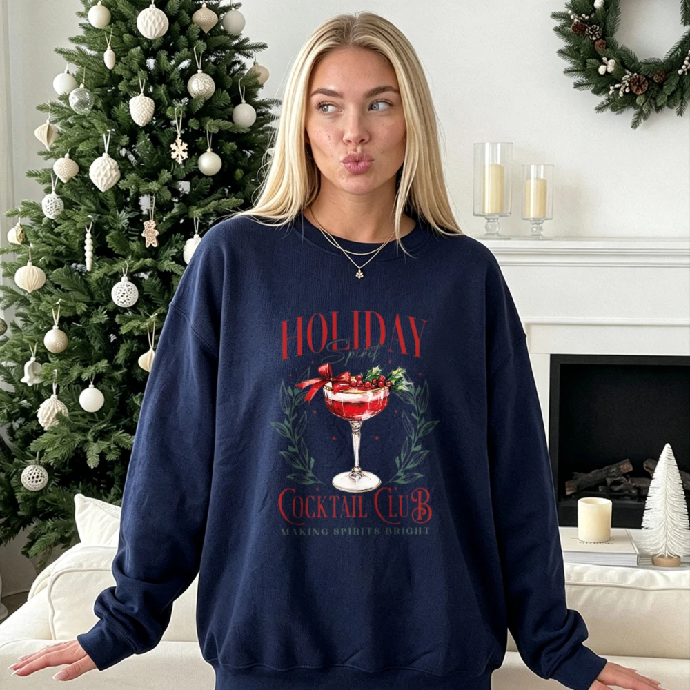 Holiday Cocktail Club Making Spirits Bright Wine Glass Print Pullover Xmas Holiday Graphic Long Sleeve Casual Autumn Winter Tops