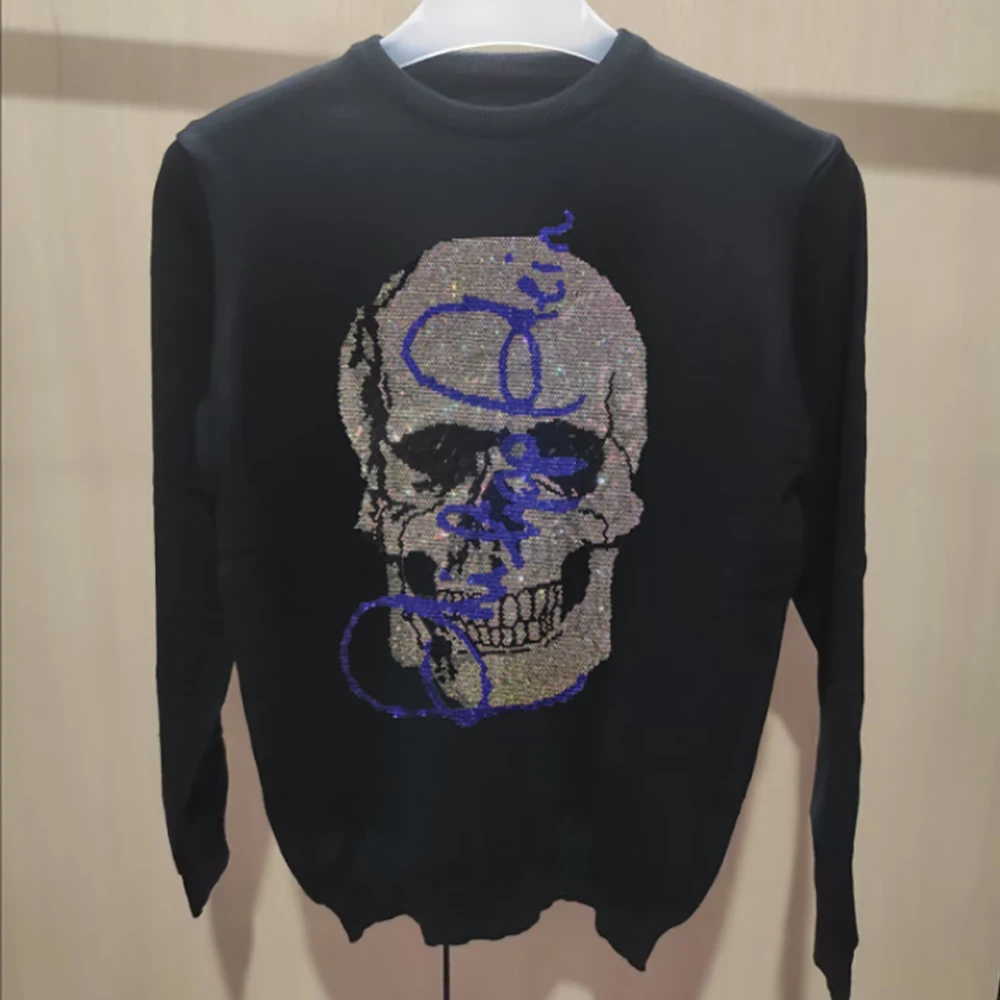 الرجال حجر الراين سترة الجمجمة البلوز الموضة العصرية طاقم الرقبة طويلة الأكمام الفاخرة الشارع الشهير العلامة التجارية ملابس الذكور عادية