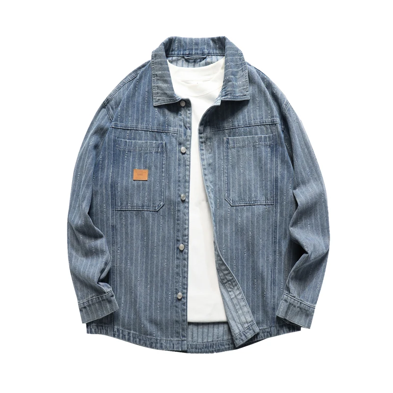 قميص دينم مخطط من قماش الجاكار الأمريكي ثقيل الوزن للرجال لعام 2025 - سترة قميص كبيرة الحجم بأكمام طويلة لربيع/خريف