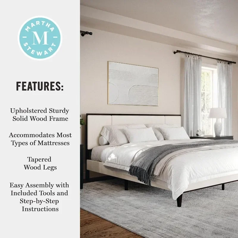 Platform Bed with Headboard, Fabric Upholstered Built-in Headboard and Base, Solid Wood Frame, No Box Spring Required