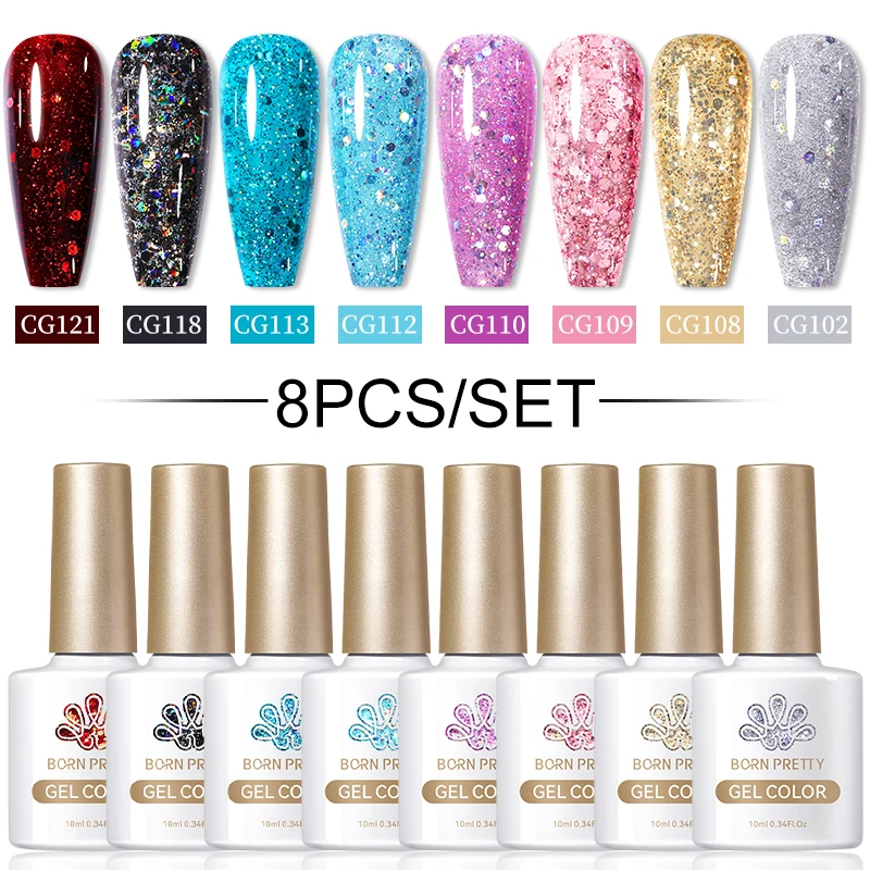 

BORN PRETTY 8PCS Glitter Gel Nail Polish Set Semi Permanent Soak Off UV LED Gel Kit Varnish Nail Art Design Manicure 10ml