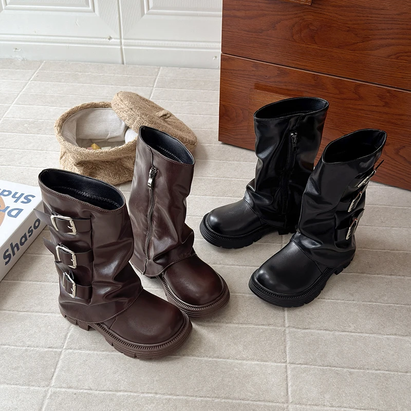 Girls Boots Knee High Platform Chunky Heels Kids Trend Punk Gothic New Rock Leather Fashion Children's Shoes Motorcycle Footwear