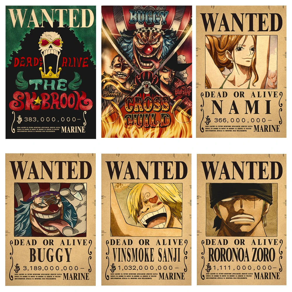 One Piece Luffy Gear 5 Sun God Nika Zoro Buggy Bounty Wanted Posters Four Emperor Figure Vintage Wall Decoration Poster