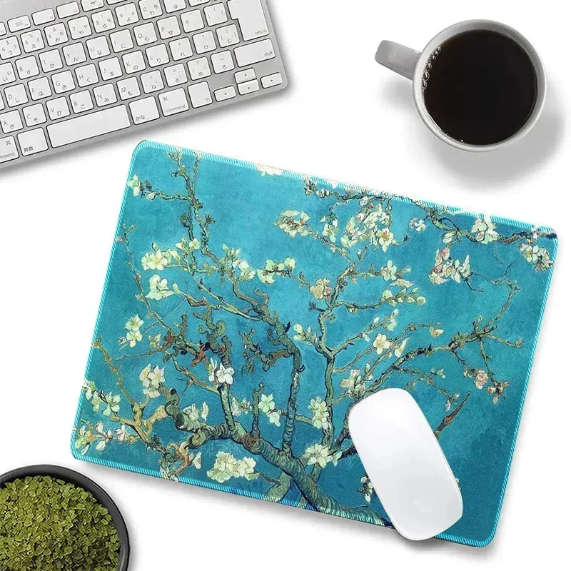 

Oil Painting Style Mouse Pad Non-Slip Table Mat Office Almond Blossom Pattern Mouse Carpet Rubber Base Design Small Desktop Pad