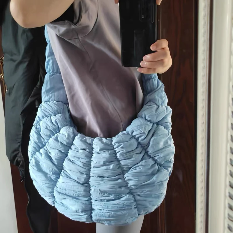 Korean Casual Half Moon Bags For Women Luxury Designer Handbag And Purses 2024 New In Polyester Embroidery Ruched Cloth Shoulder
