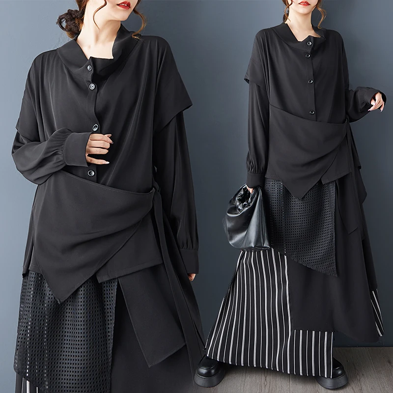 

Модный комплект: рубашка в темном стиле с поясом и облегающая юбка-полусолнце, свободный крой, длинный рукав, полиэстер, женская повседневная рубашка