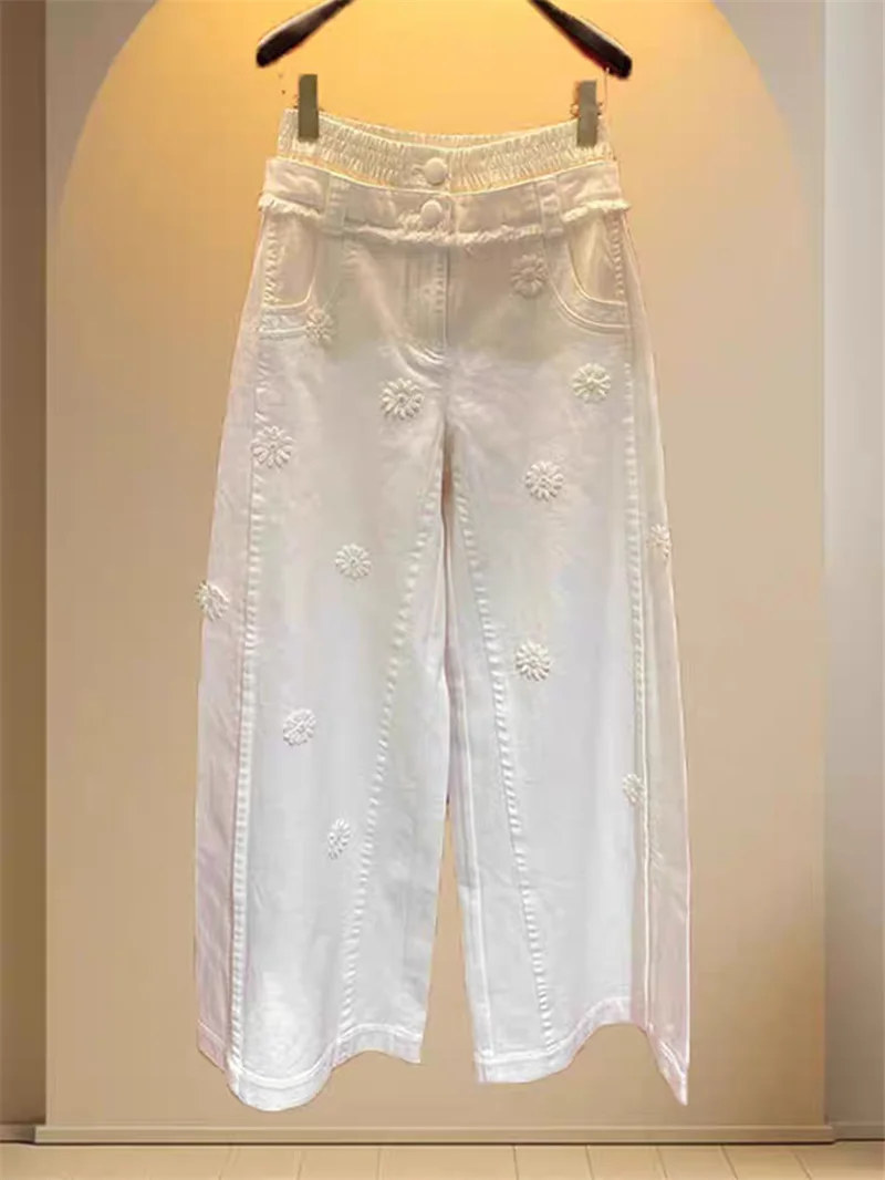 New Fashion Flowers Embroidery Women's Jeans Autumn Casual High Waist Solid Color Denim Wide Leg Pants Ankle Length Trousers