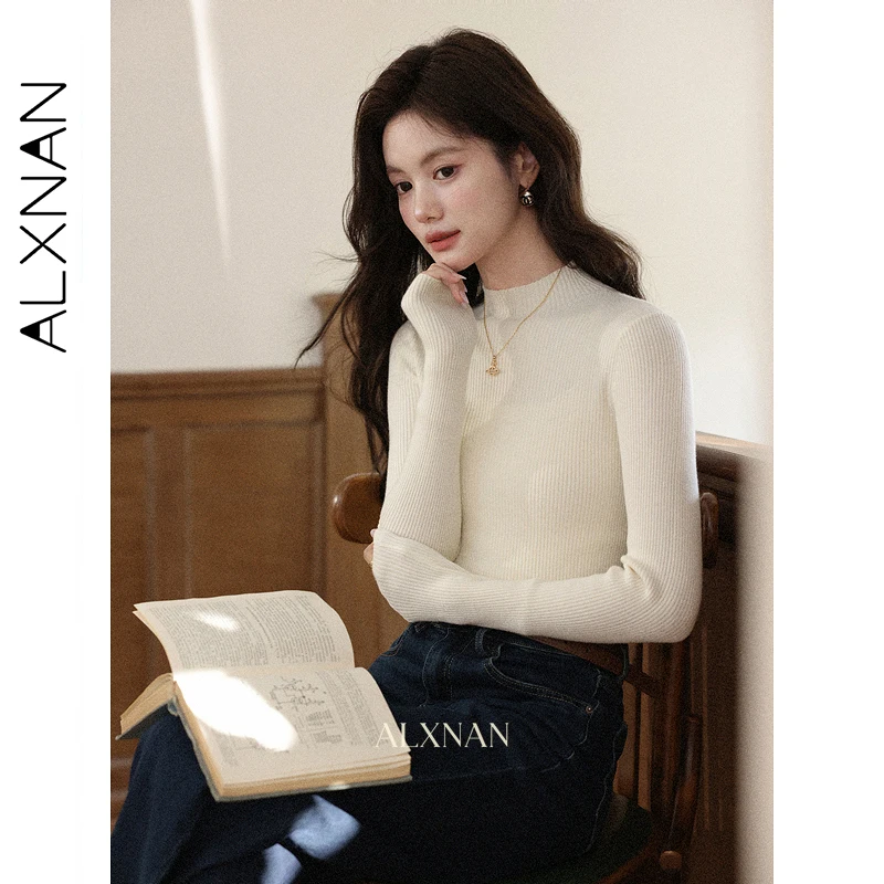 ALXNAN Damen-Strickpullover, einfarbig, lange Ärmel, normale Schulter, halbhoher Ausschnitt, 2025, neues Herbst-Schlankheits-Layering-Top L57570-1