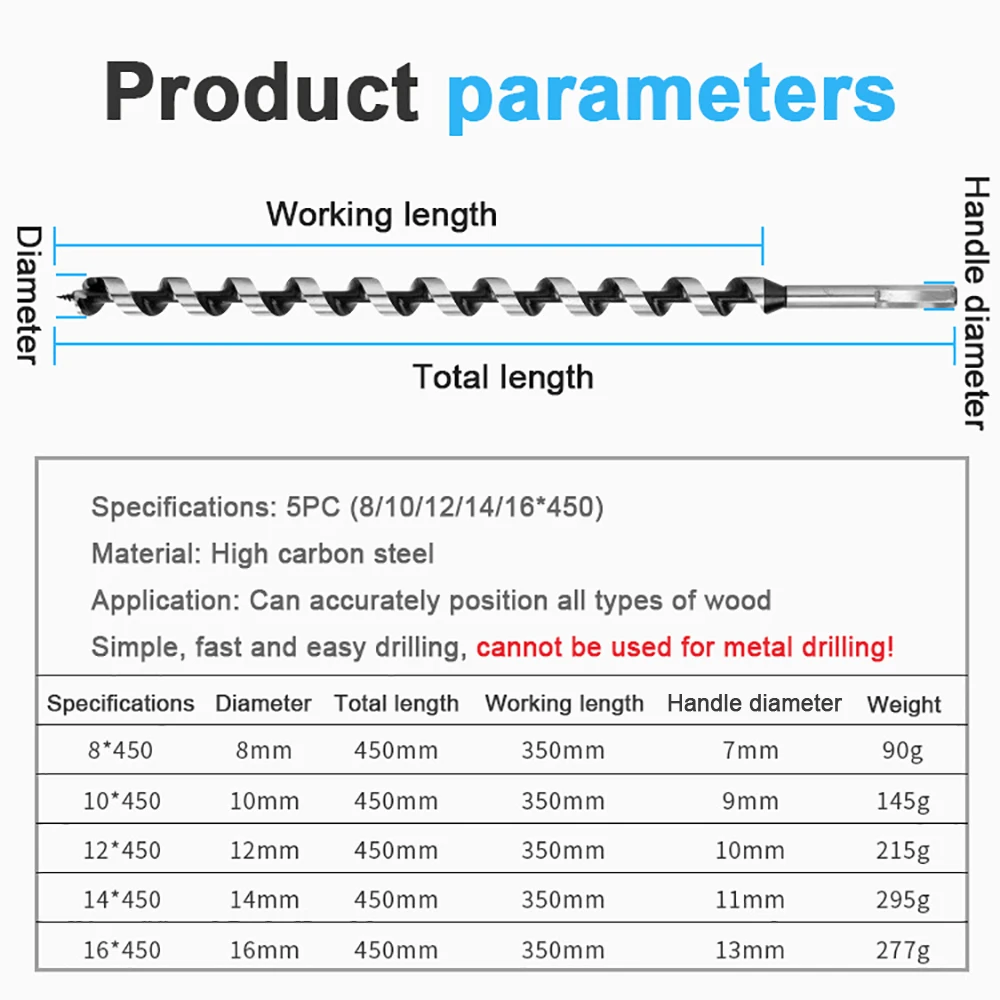5 Pcs Set 8/10/12/16mm Length 450mm Hex Shank Auger Drill Bits Wood Carpenter Masonry Wood Drills Set for Woodworking