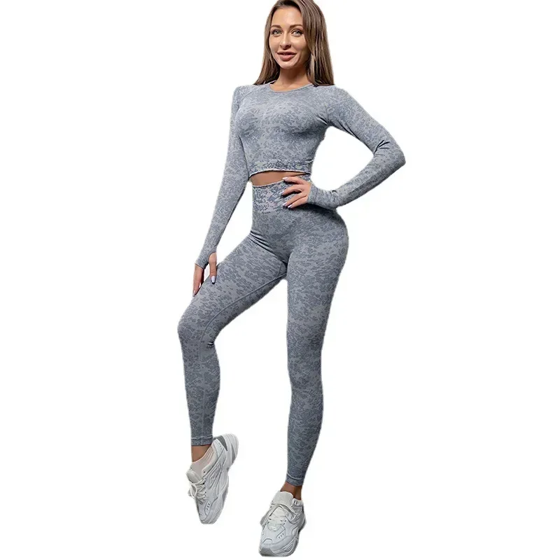 Seamless Yoga Sets Sports Fitness High Waist Hip-lifting Trousers Long-Sleeved Suits Workout Clothes Gym Leggings Sets for Women