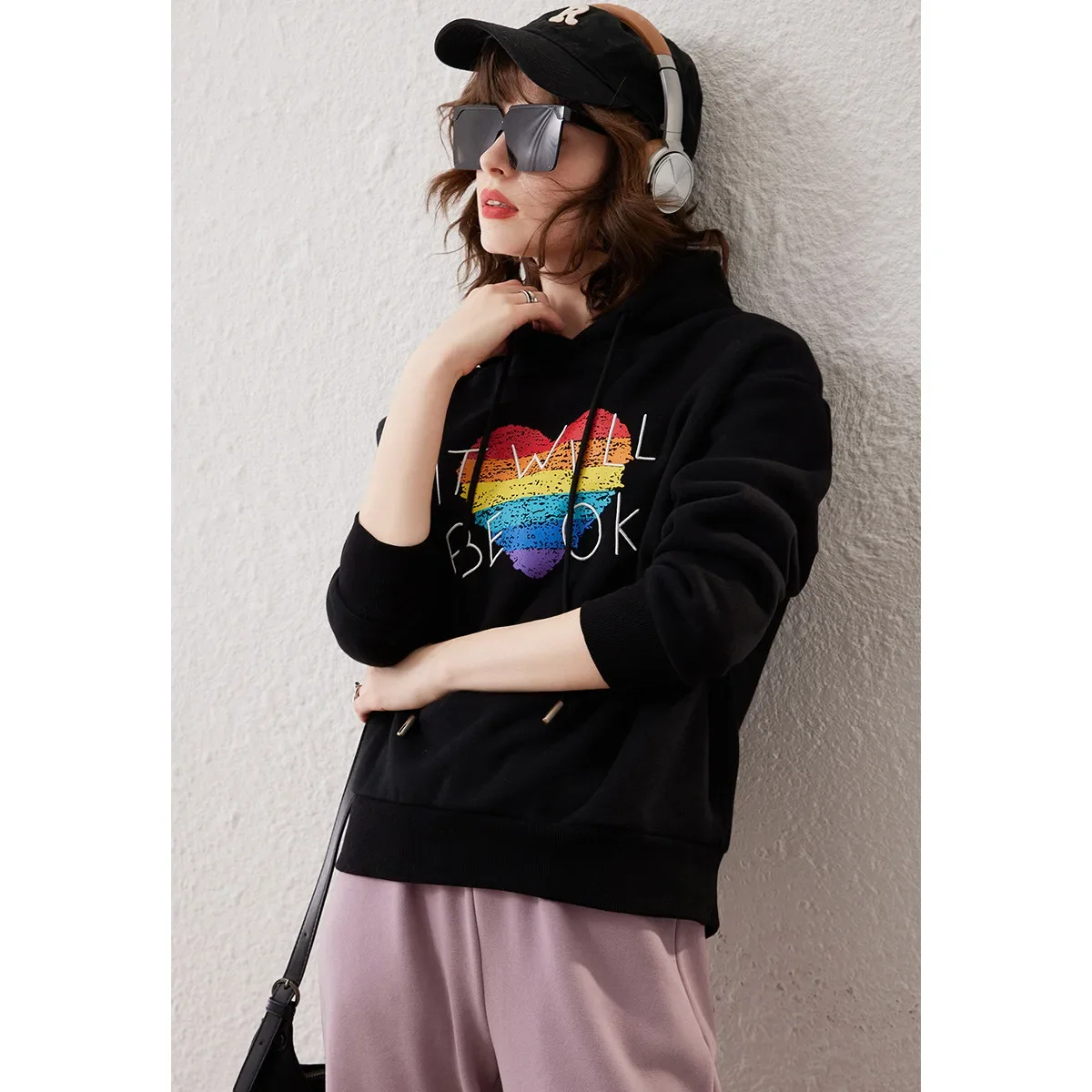 LOUIS YAO 2025 Winter Thick Velvet Sweatshirt Heart Pattern Hoodie Gradient Printed Letter Embroidered Women's Hoodie