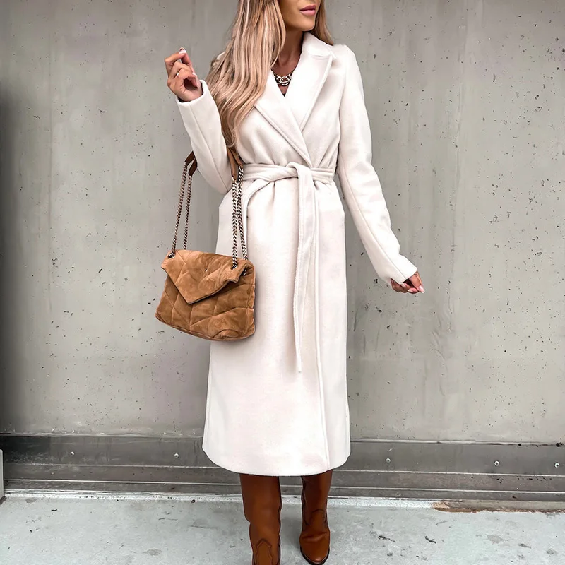 

Long V-ne Strap Belted Jaet Svel Midi Coat Women's Loose Fit Outerwear Autumn Season Faion Trend