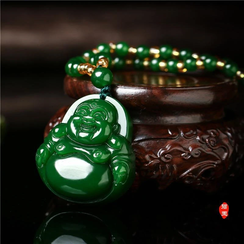 Magical Happy Buddha Pendant Bless Lucky Amulet Necklace Green Jade Hanging Necklace Talisman