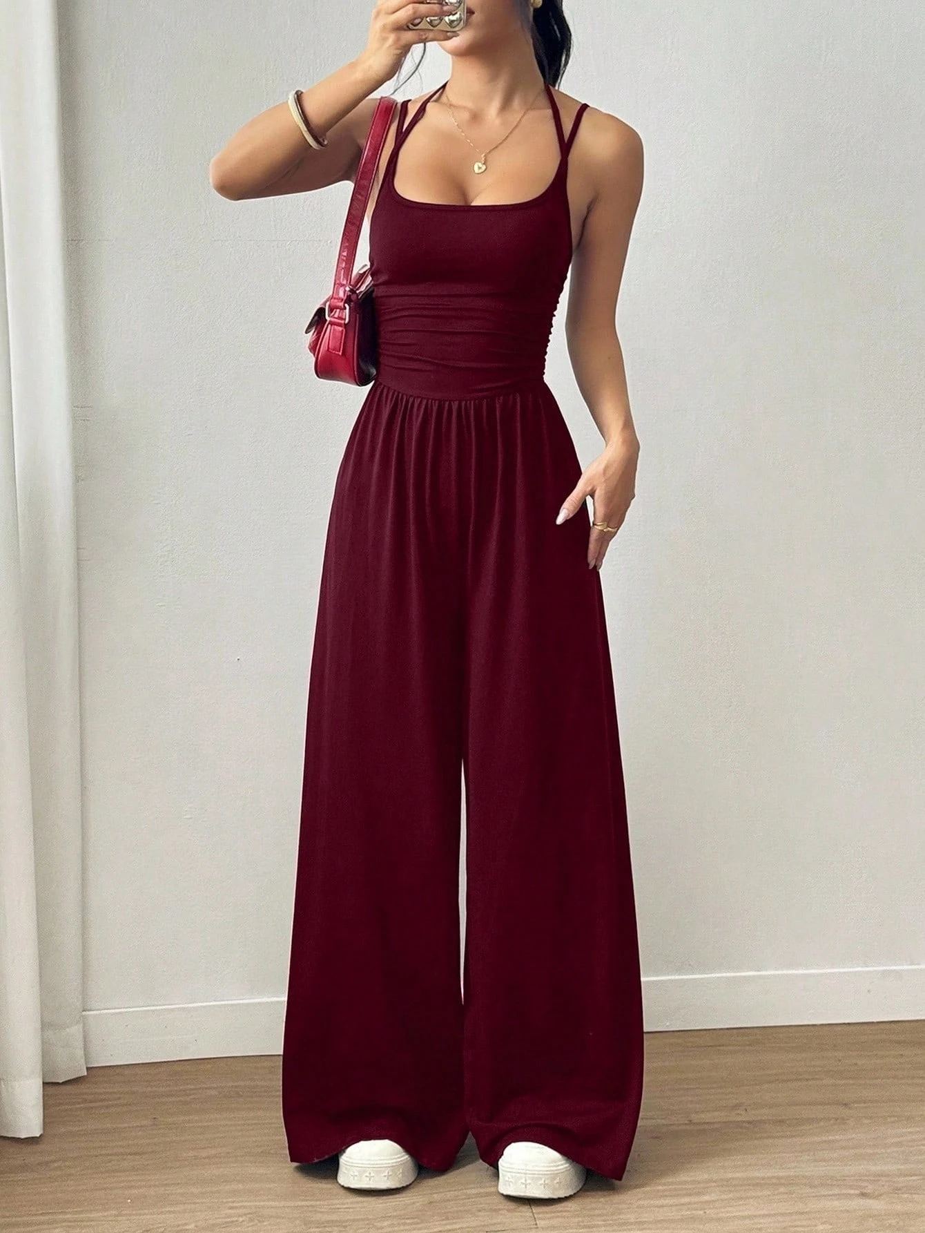 Mono casual plisado suelto de pierna recta para mujer, primavera/verano