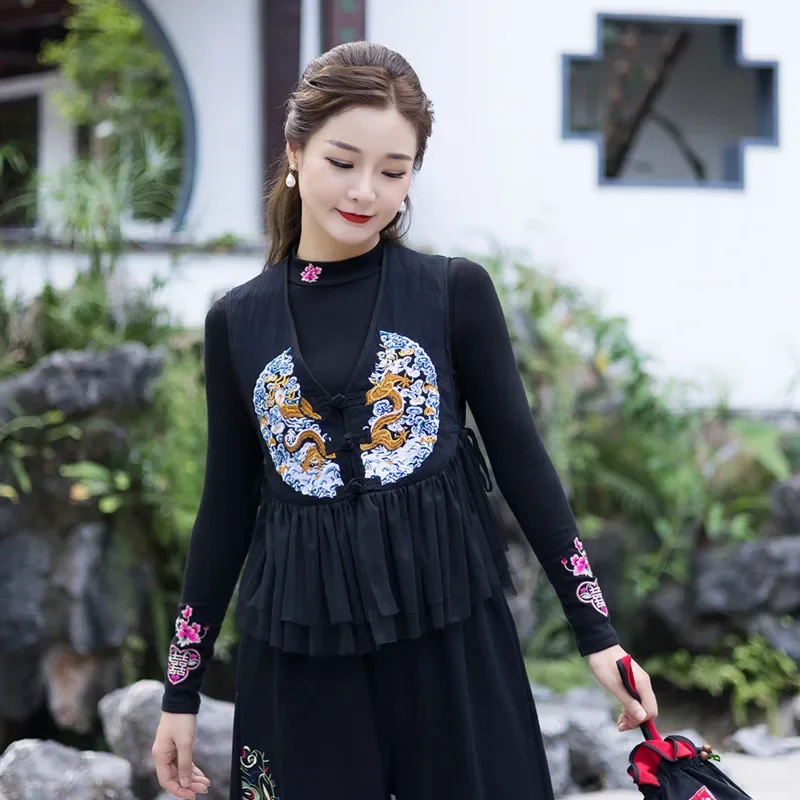 

Chinese Style Tang Suit V Neck Patchwork Vest Black Cotton Linen Ethnic Gilet Embroidery Women Top Traditional Vintage Waistcoat