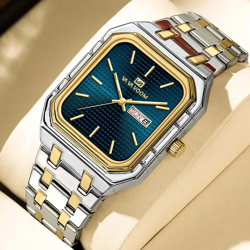 

Stainless Steel Square Men Quartz Wristwatches Fashion Waterproof Luxury Brand Luminous Hands Watch Calendar Week Display Clocks