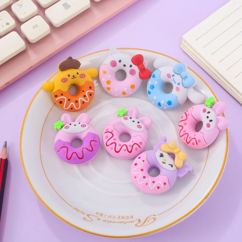 36pcs/lot Creative Melody Kuromi Donuts Eraser Cute Writing Drawing Pencil Erasers Stationery For Kids Gifts School Supply