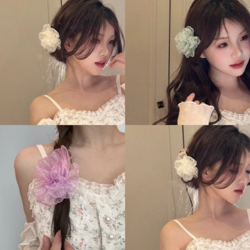 1PC Organza Flowers Hair Clips Women Fashion Flower Hair Card Organza Handmade Simulated Hairpins Headwear Hairs Accessories