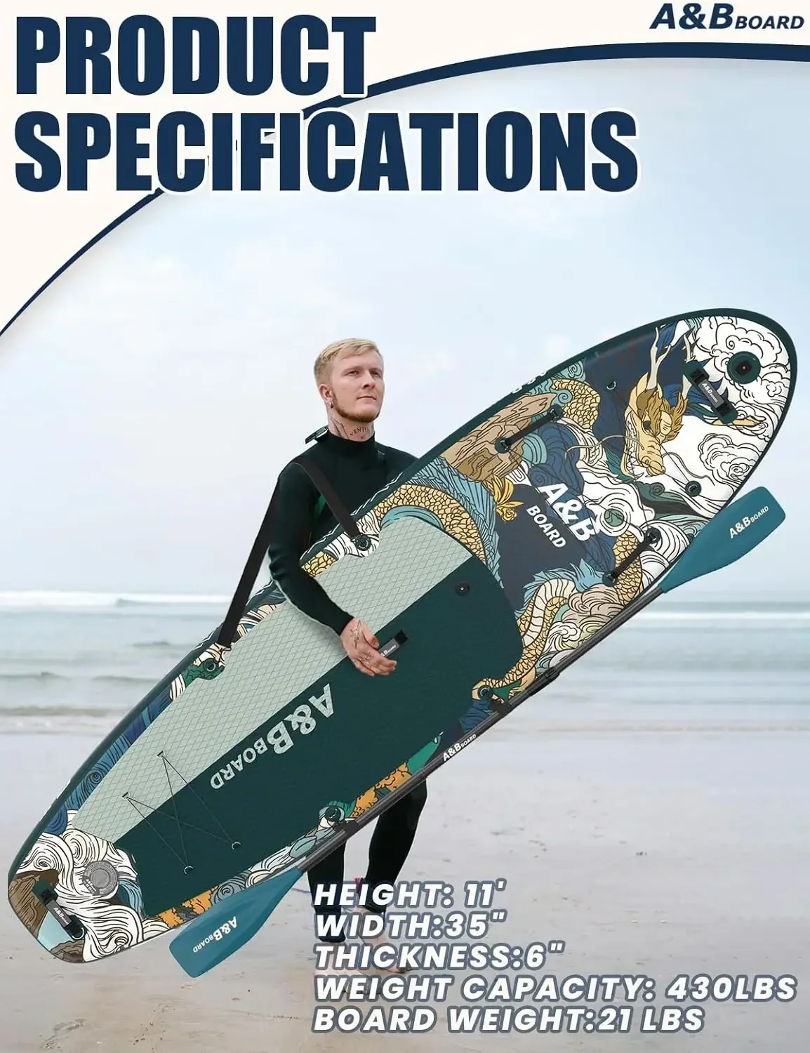 ABBOARD Inflatable Stand Up Paddle Board - Extra Wide Fishing Paddleboard with Sup Accessories Youth/Adults