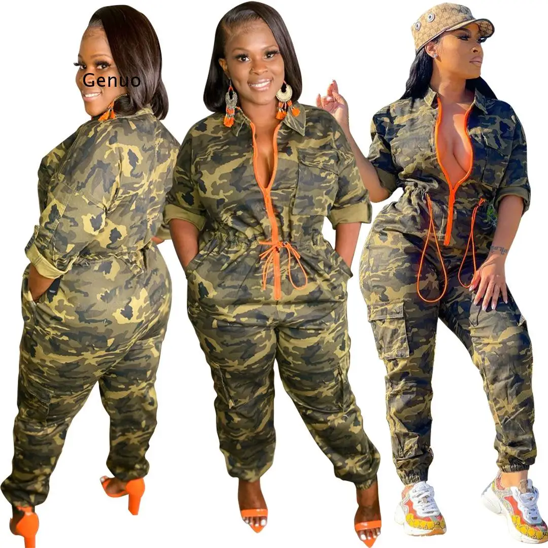 

Military Green Women's Jumpsuit New Spring Fall Half Sleeve Casual Print Camouflage Denim Jumpsuit Fashion Work Wear Tracksuit