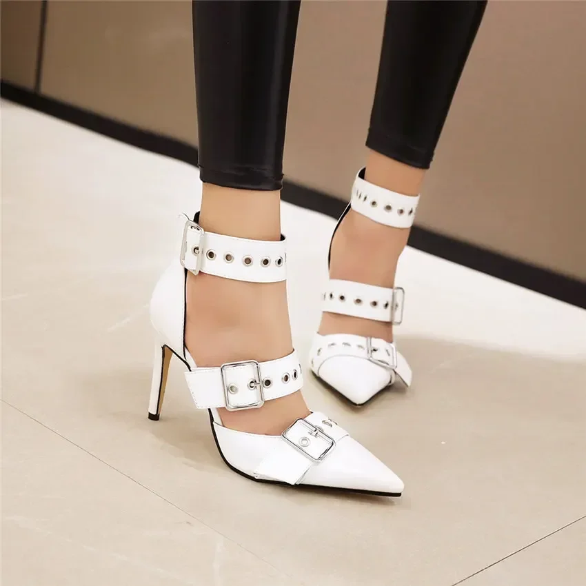 Punk Women High Thin Heel Sandals White Black Microfiber Pointed Toe D\'Orsays Pumps Summer Wedding Lady Rivet Buckle Strap Shoes