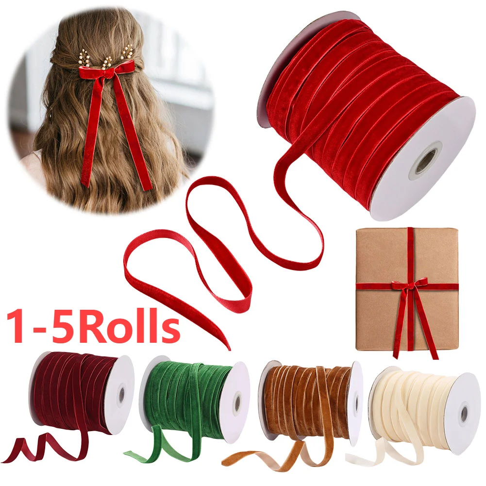 1-5Rolls Packaging Wired Velvet Red Ribbon Single-Sided Christmas Velvet Ribbon Crafts Supplies Wide Ribbon for Handmade Bow