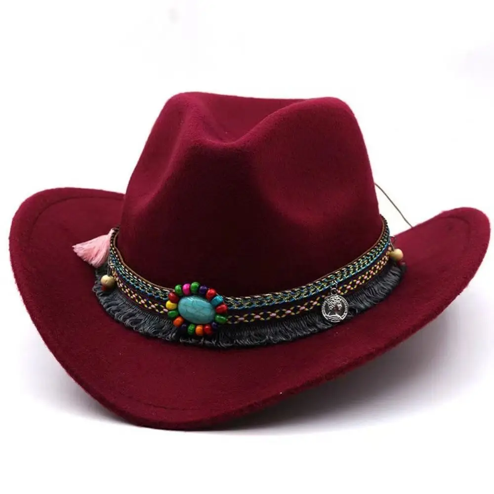 Punk Woolen Western Cowboy Hat Solid Color Big-edge Party Cosplay Hat Wide Brim Colorful Top Hat Sun Protection