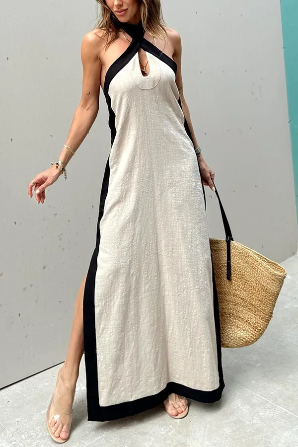 

Boho Maxi Dresses For Women Summer Cotton Linen Backless Sexy Women's Dress New Style Halterneck Slit Vintage Prom Robe Femme