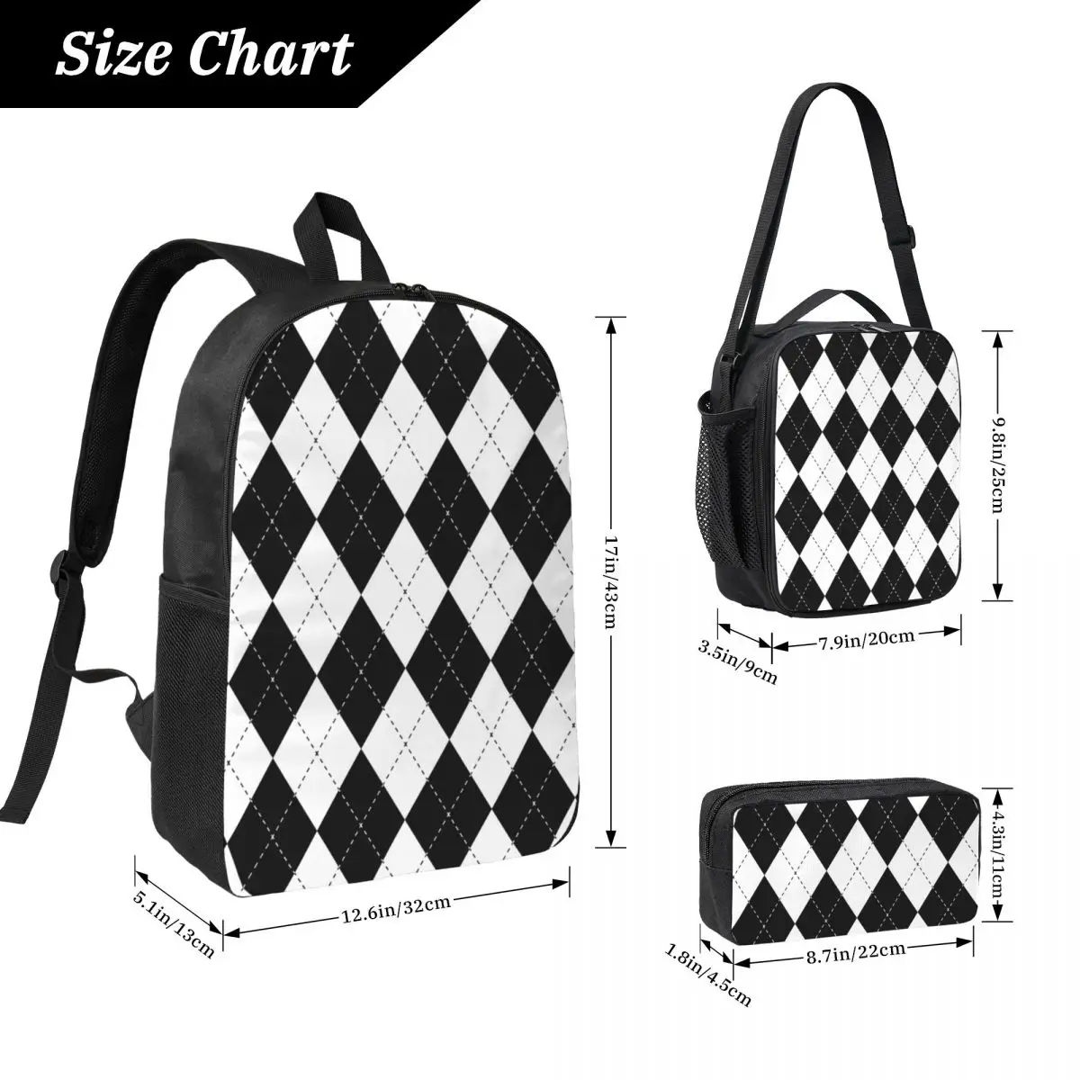 Diamond Shaped Geometric Pattern Backpack Student BookBag School Bag Computer Shoulder Bags 3ps Insulated Lunch Bag Pencil Case