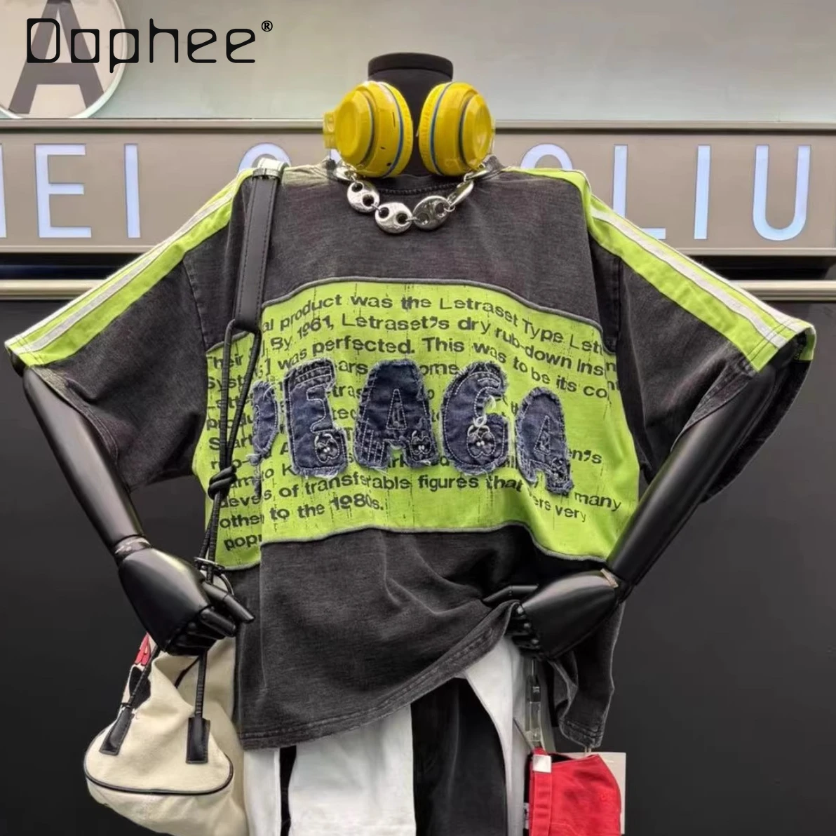 

Spring Summer 2026 New Heavy Industry Contrasting Color Denim Sticker Embroidered Letter Short-sleeved T-shirt Women's Loose Top