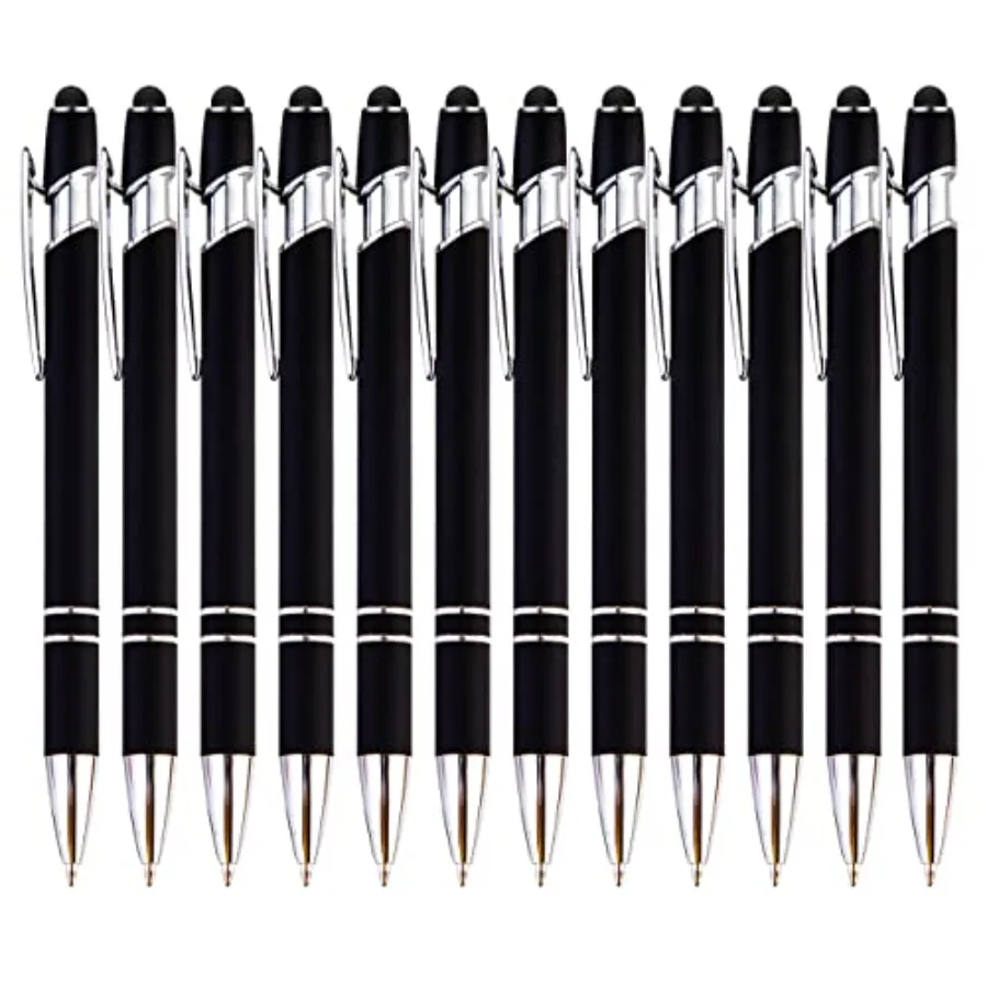 

12-Piece Black Ballpoint Pen with Stylus Tip, 2 in 1 Stylish Metal Touch Screen Pen - Black Ink, 1.0 mm Medium Point - 5.5 x 0.