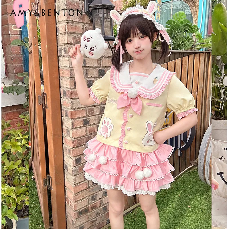 

2026 Summer New Japanese Preppy Sweet Cute Soft Girl Cartoon Rabbit Yellow Short Sleeve Top Pink Cake Skirt Sailor Uniform Set