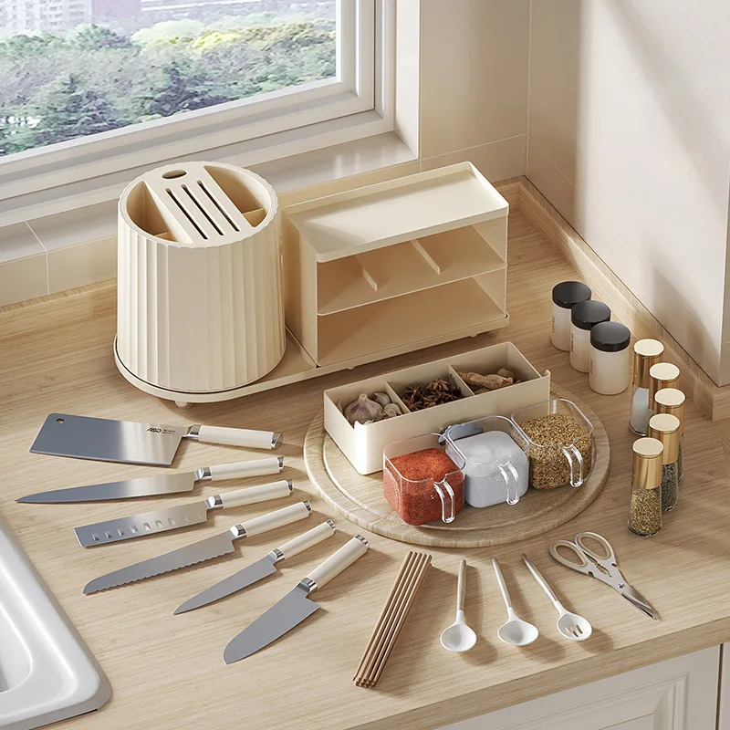 

Kitchen multi-functional rotary knife storage rack chopsticks cylinder divided spice and seasoning storage box oil and salt sauc